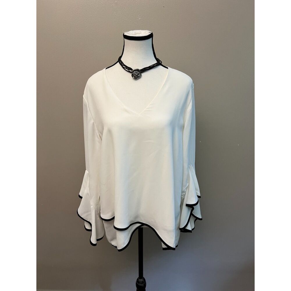 Women's White V-Neck Ruffle Sleeve Top with Black Trim